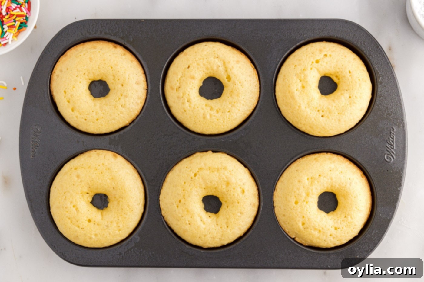 baked cake mix donuts in a pan