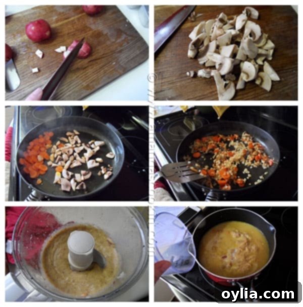 Photos of the steps to make rustic garlic potato soup.