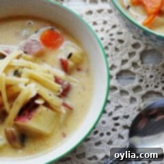 A close up photo of rustic garlic potato soup in a bowl.
