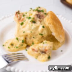 Plate of Lobster Newburg over an open biscuit, showcasing the rich sauce and perfectly cooked lobster.