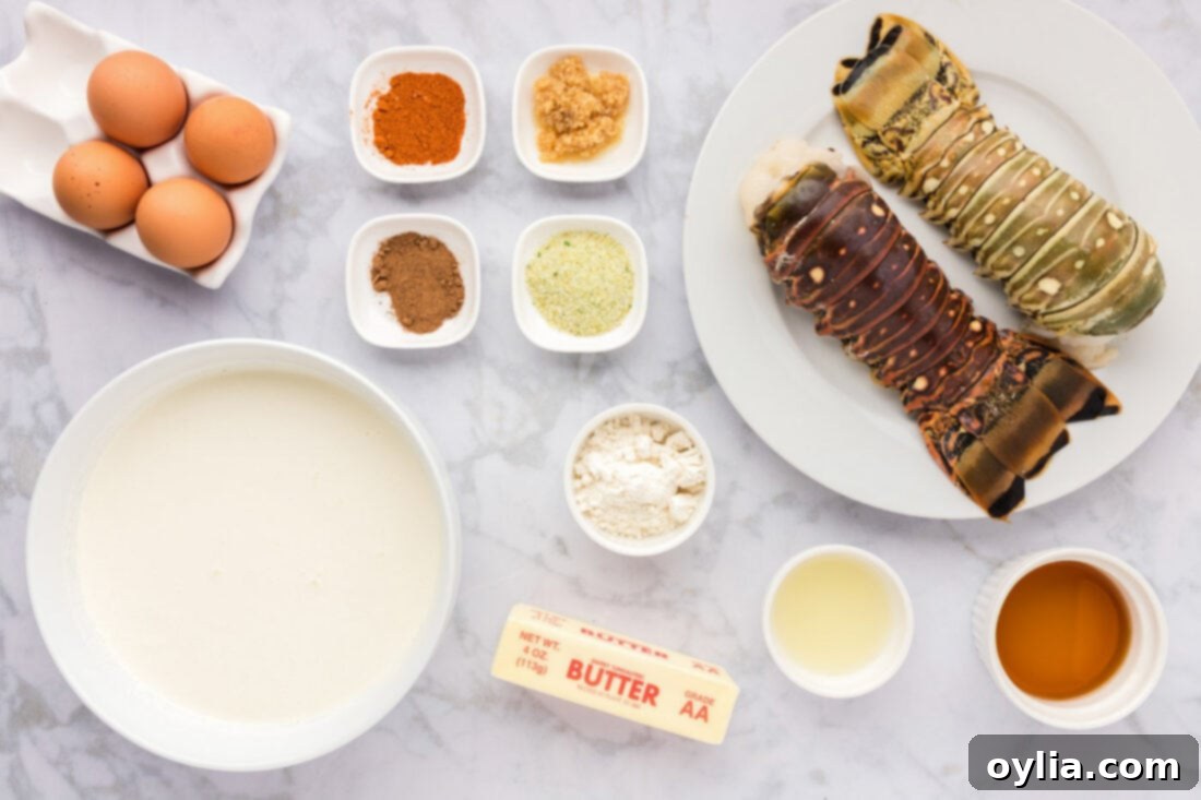 Assortment of fresh ingredients laid out for making Lobster Newburg, including lobster tails, butter, cream, eggs, and spices.