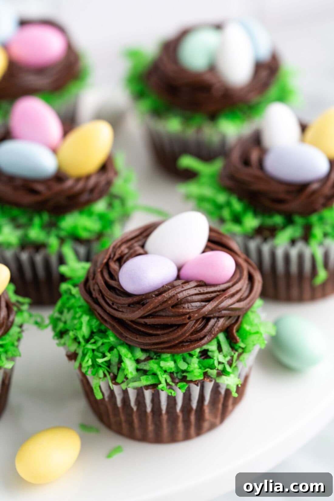 Close up of an adorable Easter Nest Cupcake with green coconut, chocolate nest, and candy eggs, perfect for holiday dessert tables