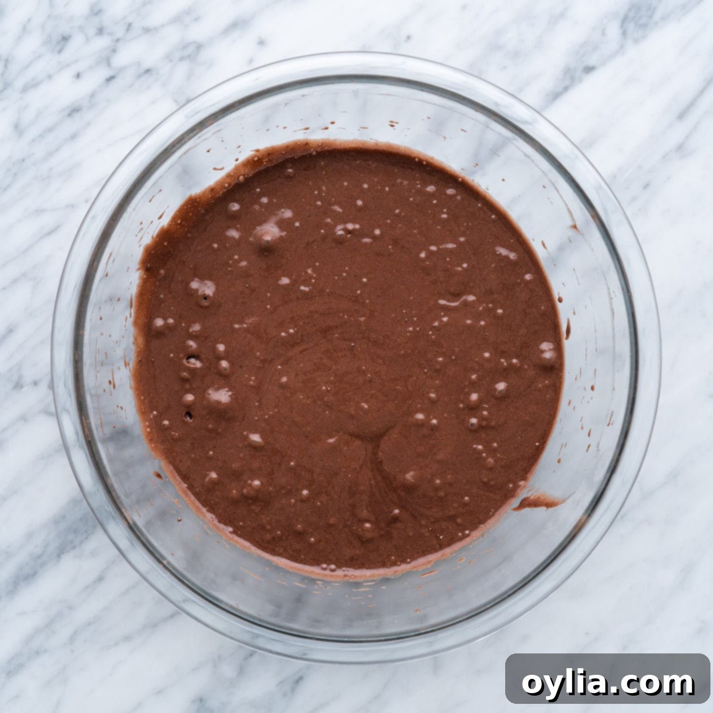 prepared chocolate cake mix in a bowl