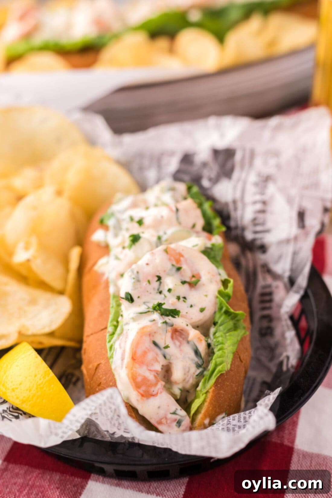 Gourmet Shrimp Roll 3 Close up photo of Shrimp Roll in a basket