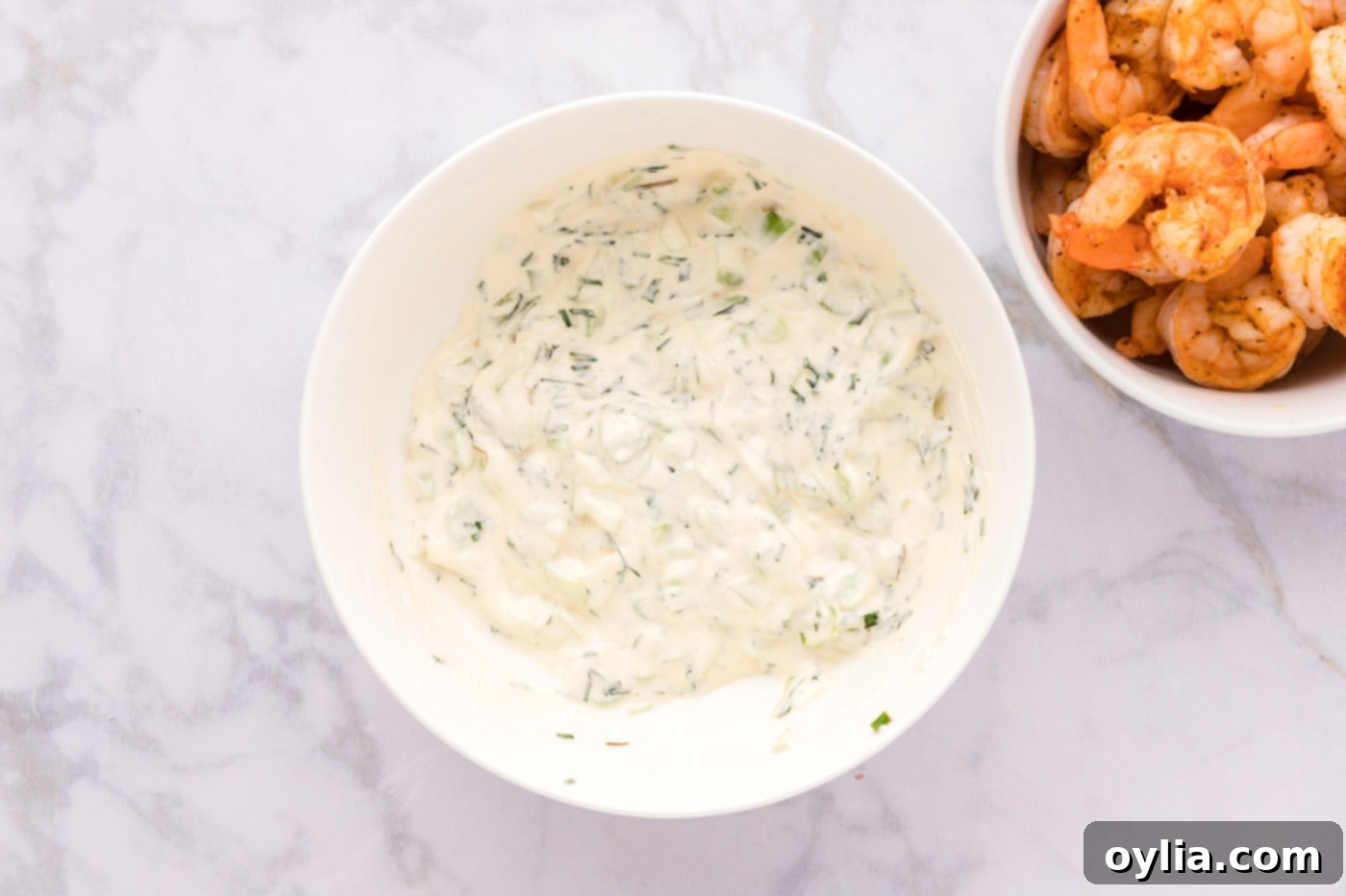 shrimp roll creamy dressing in a bowl