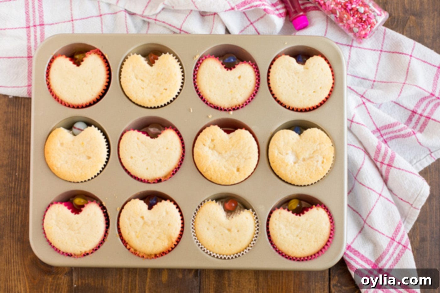 Baked Valentine Heart Cupcakes in a muffin pan