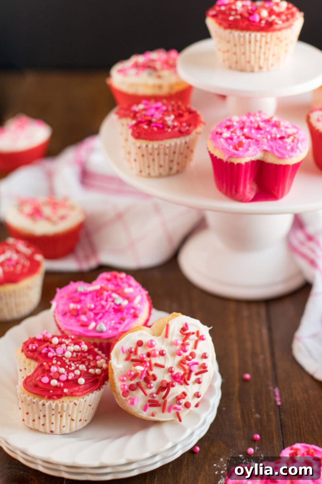 Valentine Heart Cupcakes on a plate with other cupcakes in the background