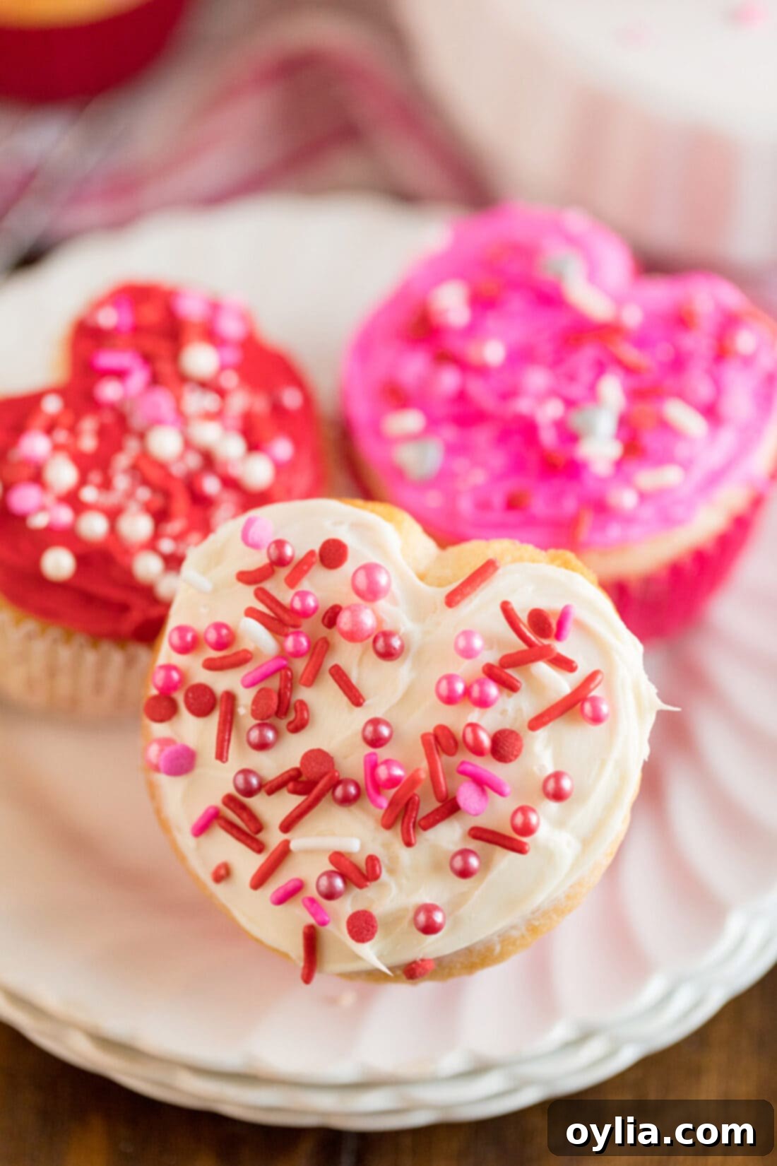 Three Valentine Heart Cupcakes on a white plate