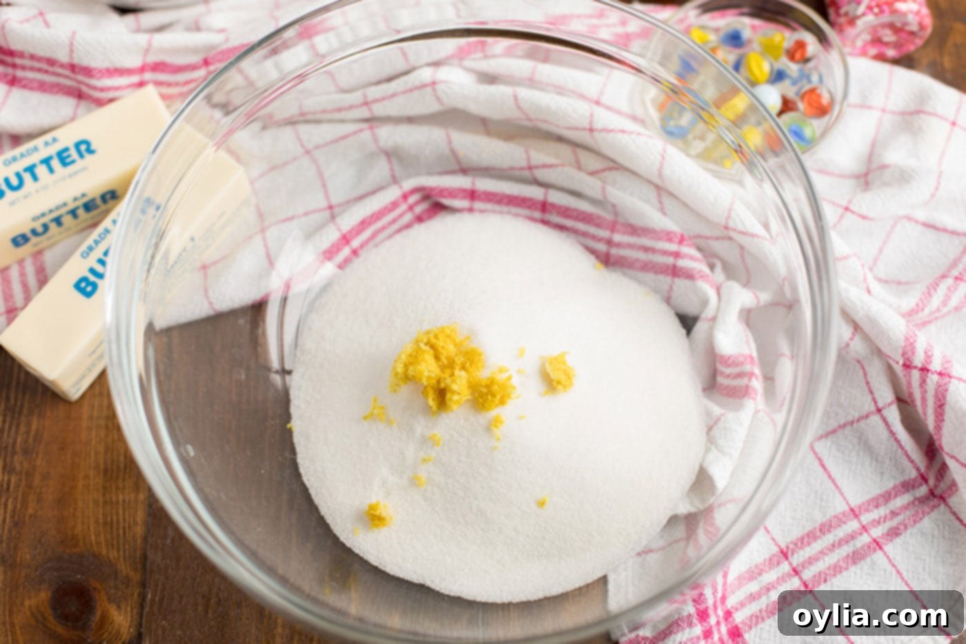 Sugar and lemon zest in a bowl
