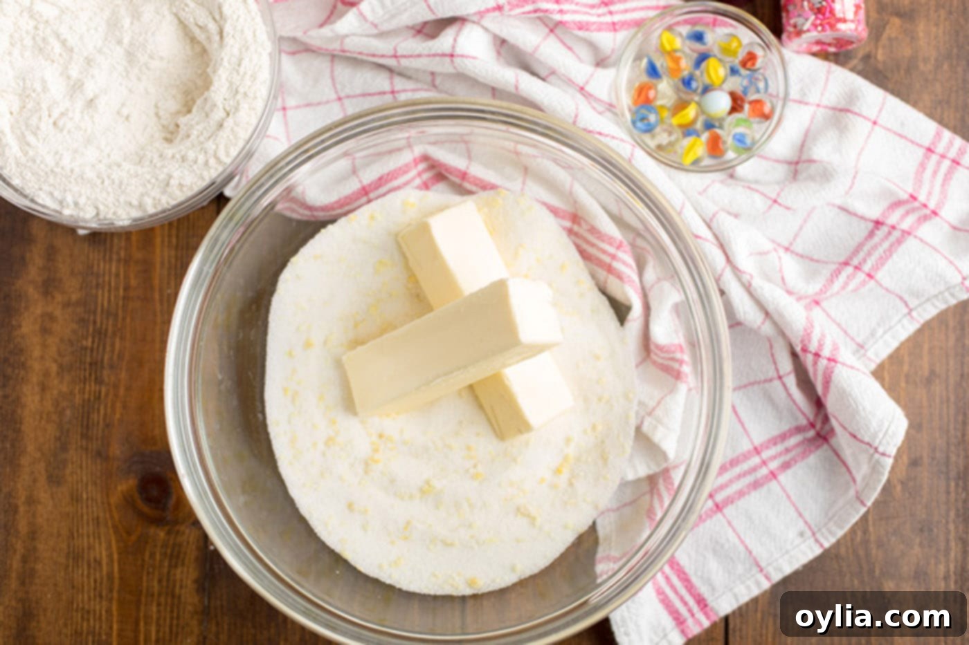 Sugar mixture and butter in a bowl