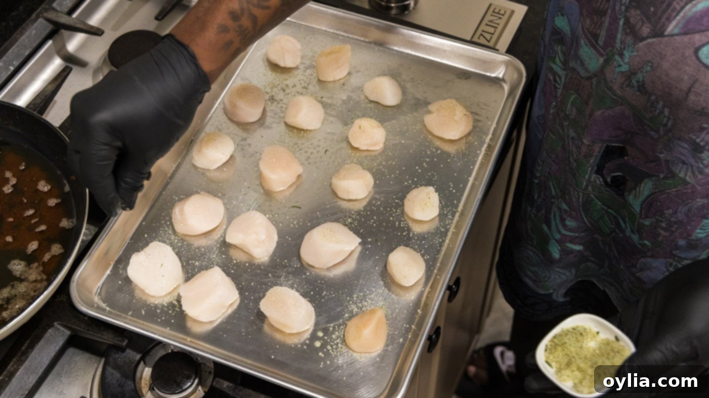 Sea scallops laid out on a baking sheet, ready for seasoning