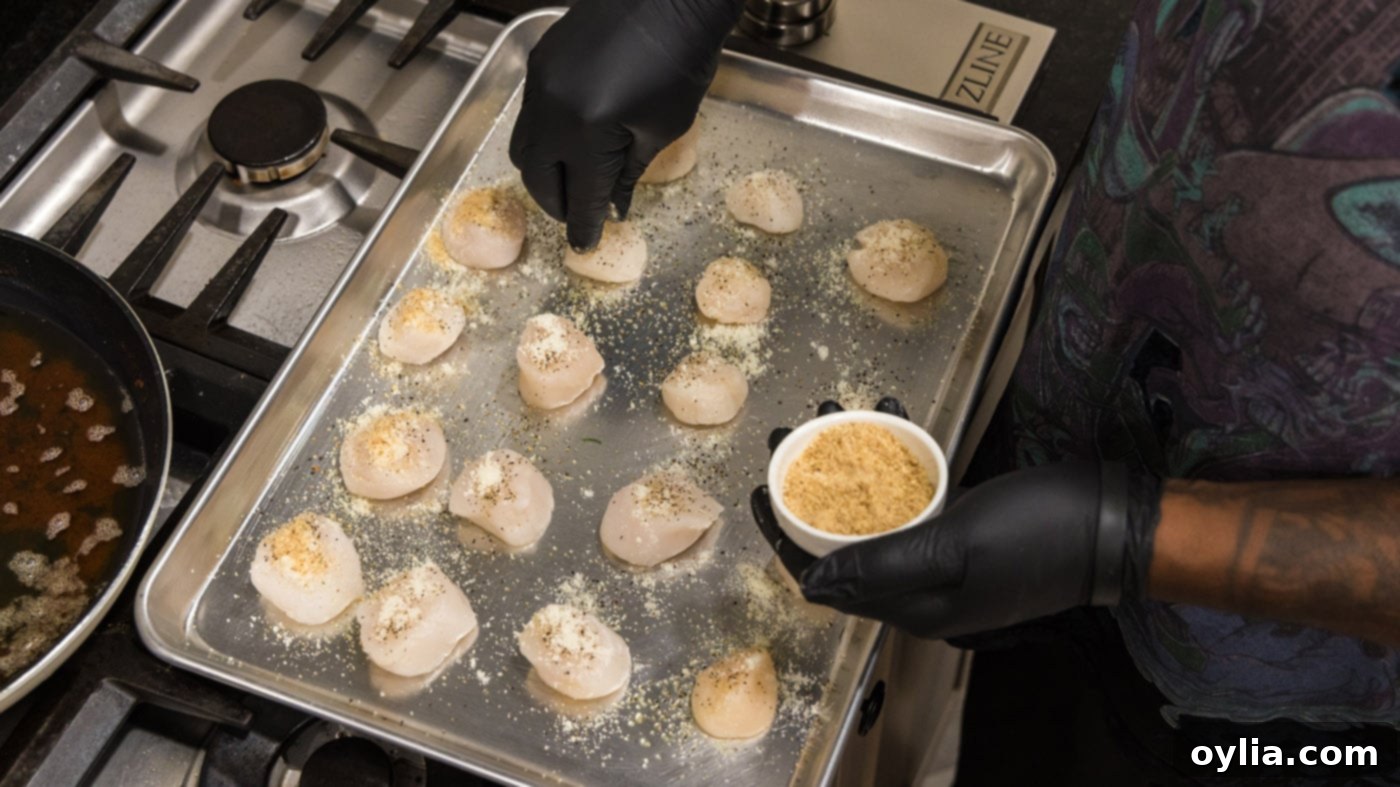 A hand sprinkling bread crumbs over seasoned raw scallops on a baking sheet