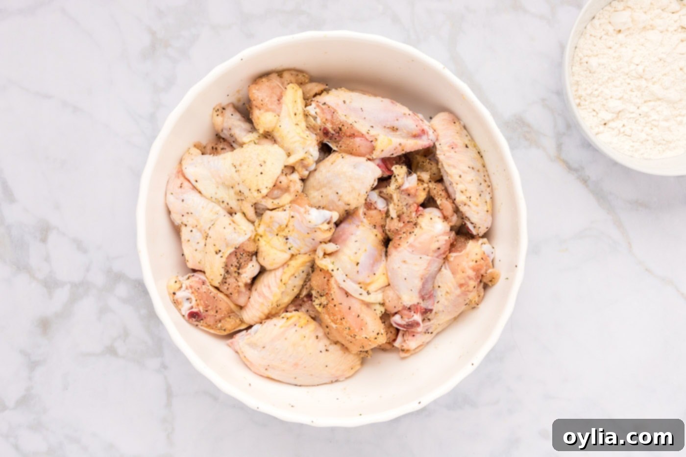 Bowl of chicken wings generously seasoned with black pepper, onion powder, and garlic salt, ready for coating.