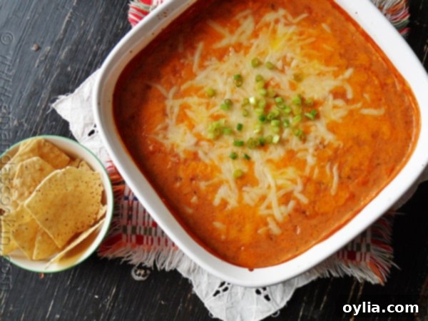 An overhead photo highlighting the creamy texture of con queso bean dip in a red serving dish.