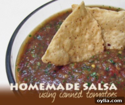 Close-up photo of fresh homemade salsa in a bowl, garnished with two tortilla chips.