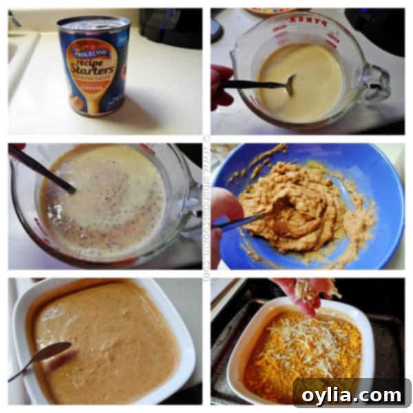 A collage of step-by-step photos illustrating the preparation of creamy con queso bean dip.