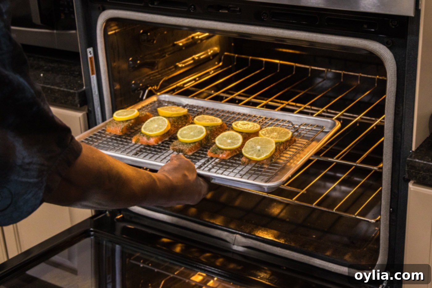 A baking sheet with dill salmon and lemon slices being carefully placed into a hot oven.