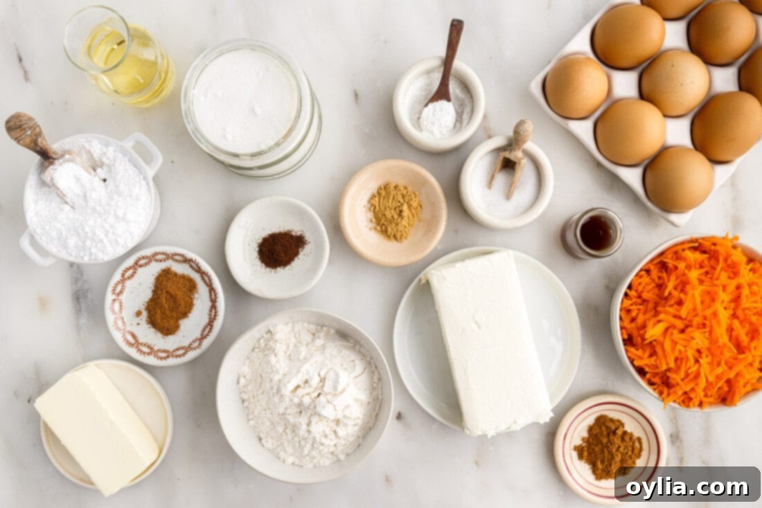Carrot Cake Swiss Roll 4 Assortment of ingredients laid out for making Carrot Cake Roll