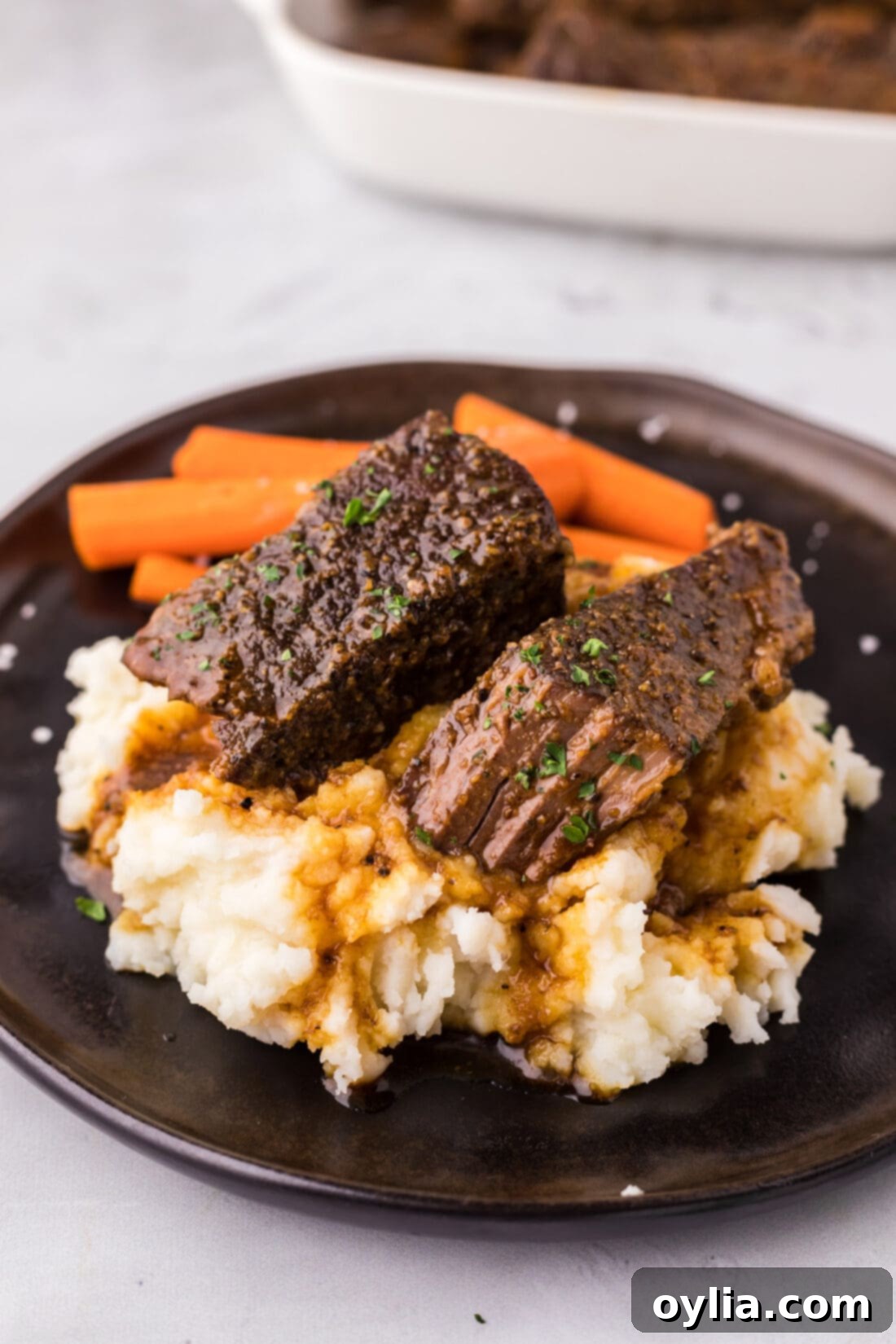 Exquisitely served boneless beef short ribs over creamy mashed potatoes, ready to be enjoyed.