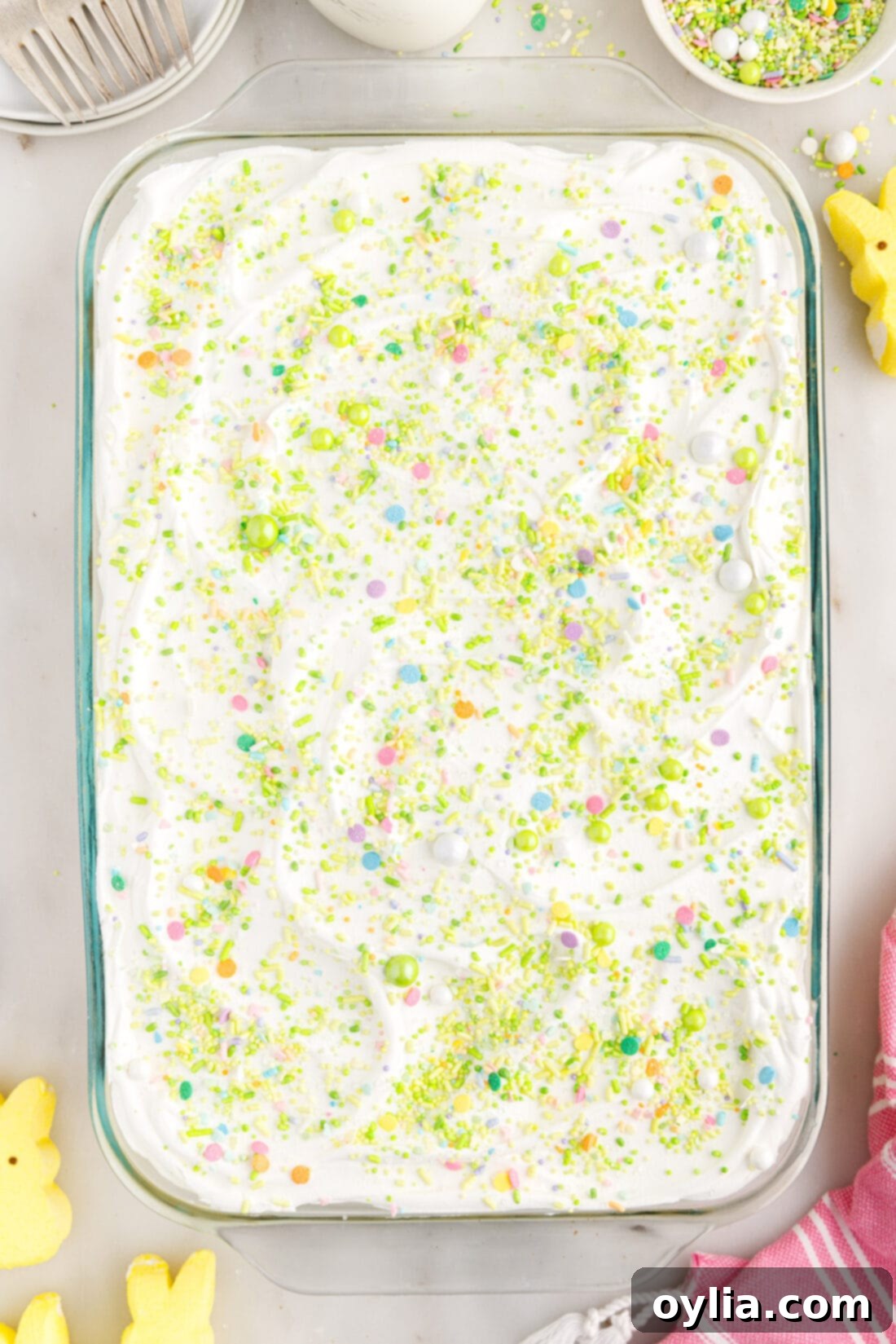 Easter Poke Cake in a 13x9 baking dish
