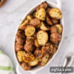 Overhead photo of Roasted Red Potatoes in a serving dish