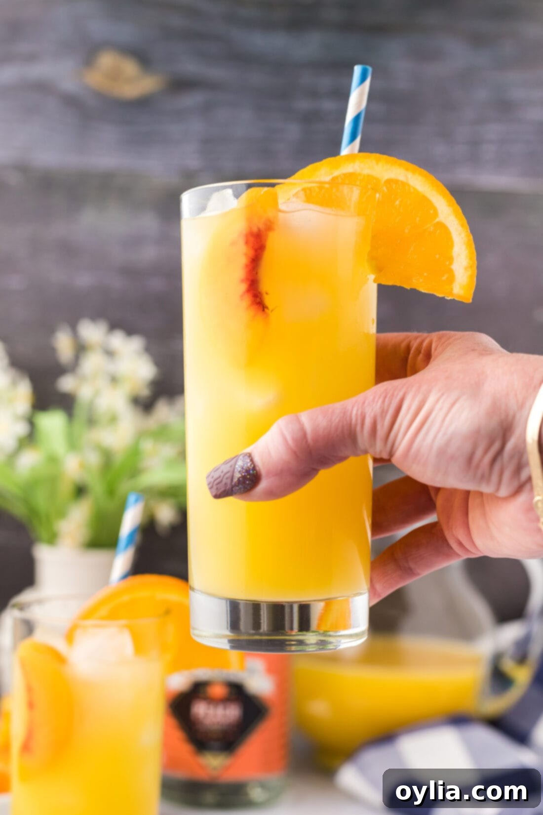 Hand holding a Fuzzy Navel drink, garnished with an orange slice.