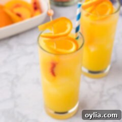Fuzzy Navel with a straw and orange slices garnished on top