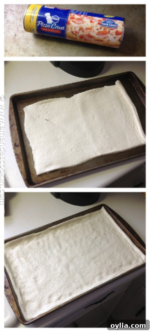 A photo of a can of Pillsbury pizza crust and photos of the pizza crust spread out on a baking sheet.