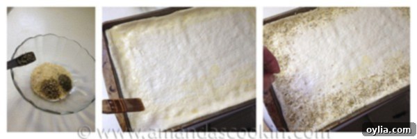 Photos of the steps of adding the garlic salt mixture to the pizza crust.