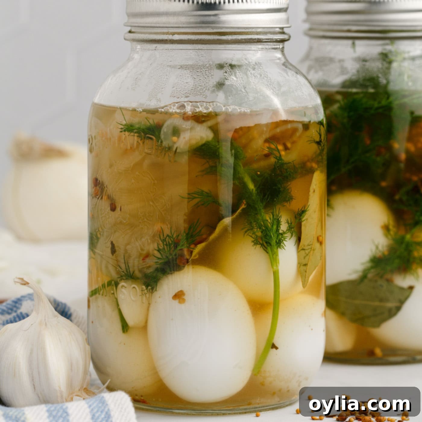 pickled eggs in a mason jar, sealed and ready for the fridge
