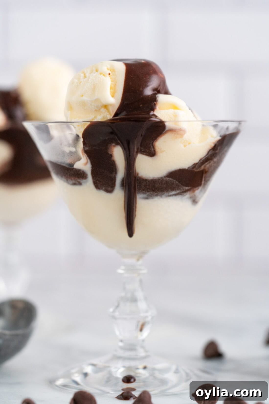 Ice cream in a sundae glass with Hot Fudge on top