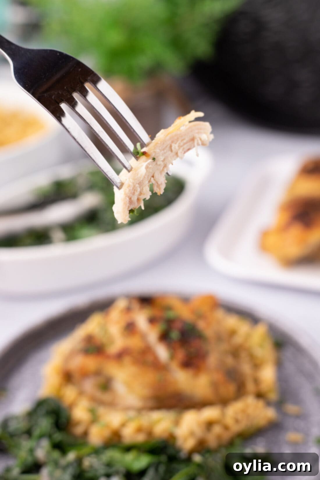 Close-up of a piece of Instant Pot Chicken Thigh on a fork, showing its juicy texture.