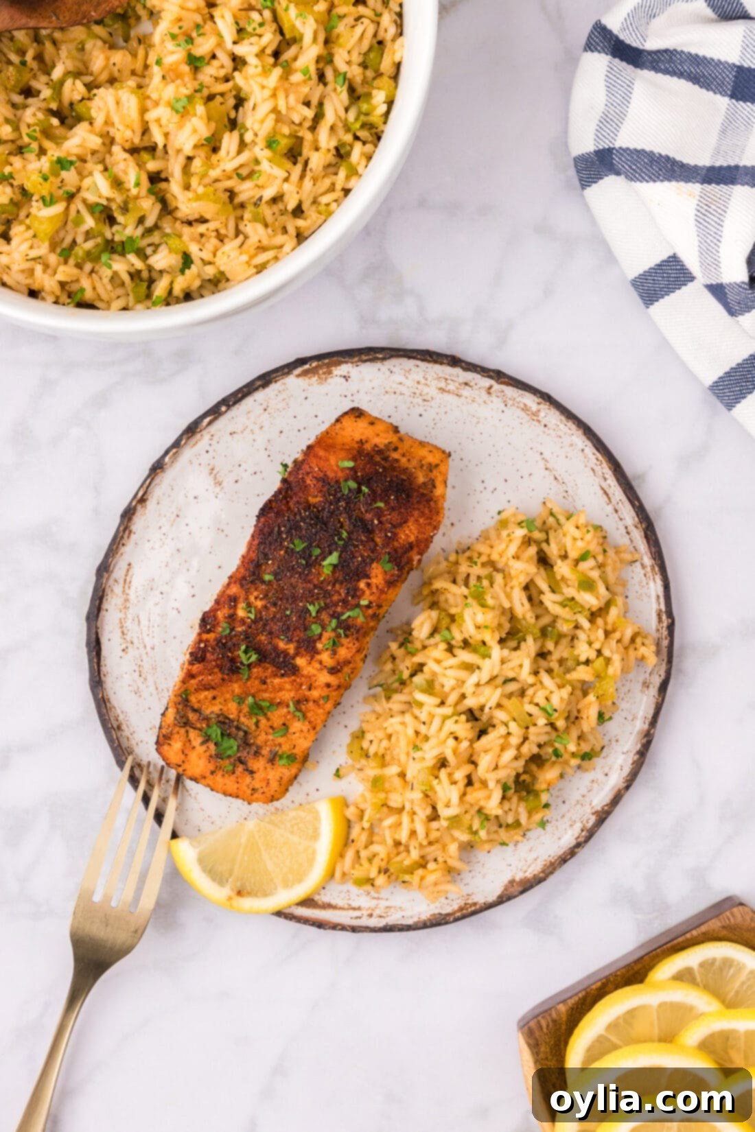 Cajun Rice on a plate with cajun salmon