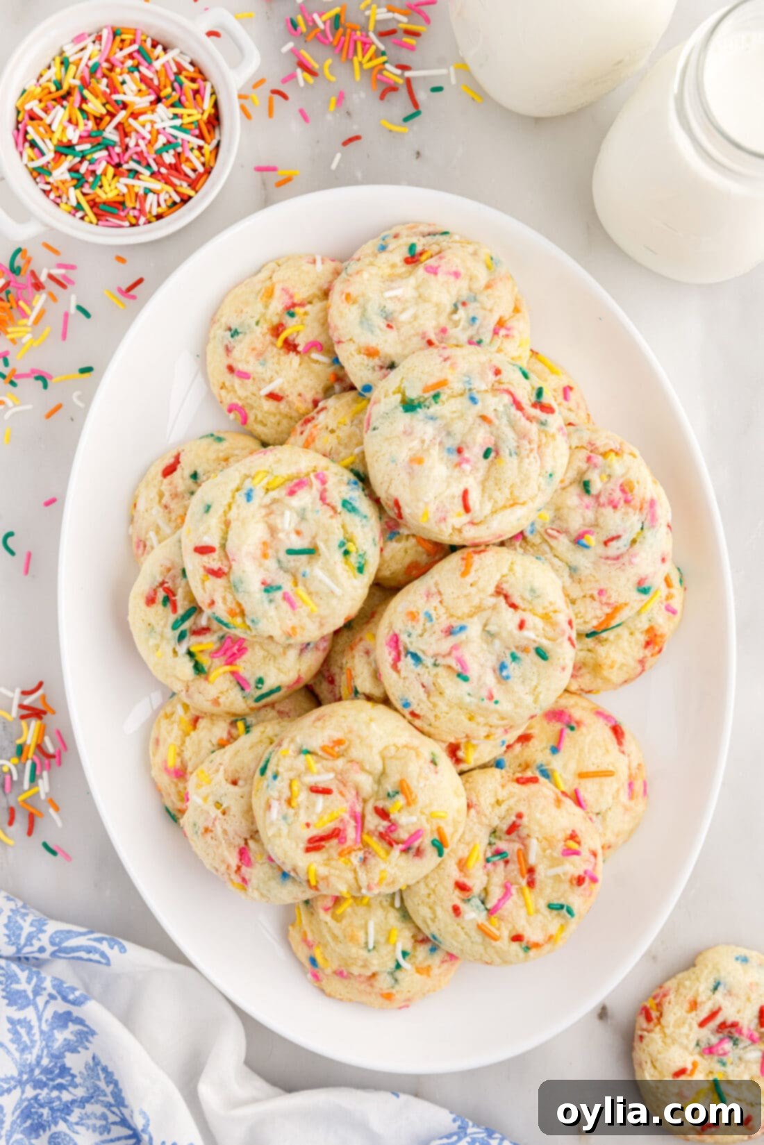 Confetti Cake Cookie Bliss 3 Platter of freshly baked Funfetti Cake Mix Cookies, ready for sharing at a celebration or gathering.