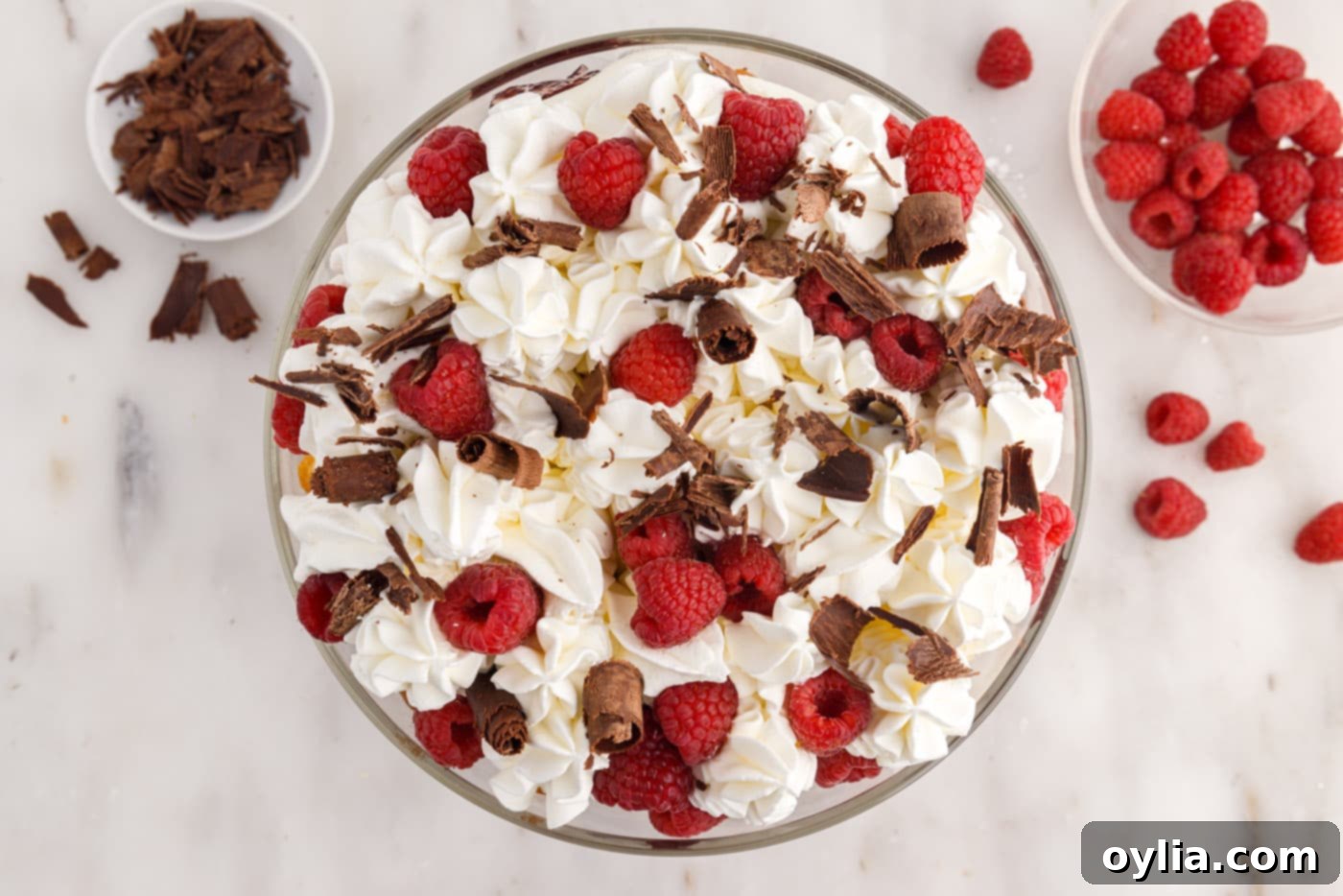 raspberry trifle garnished with fresh raspberries and curled chocolate