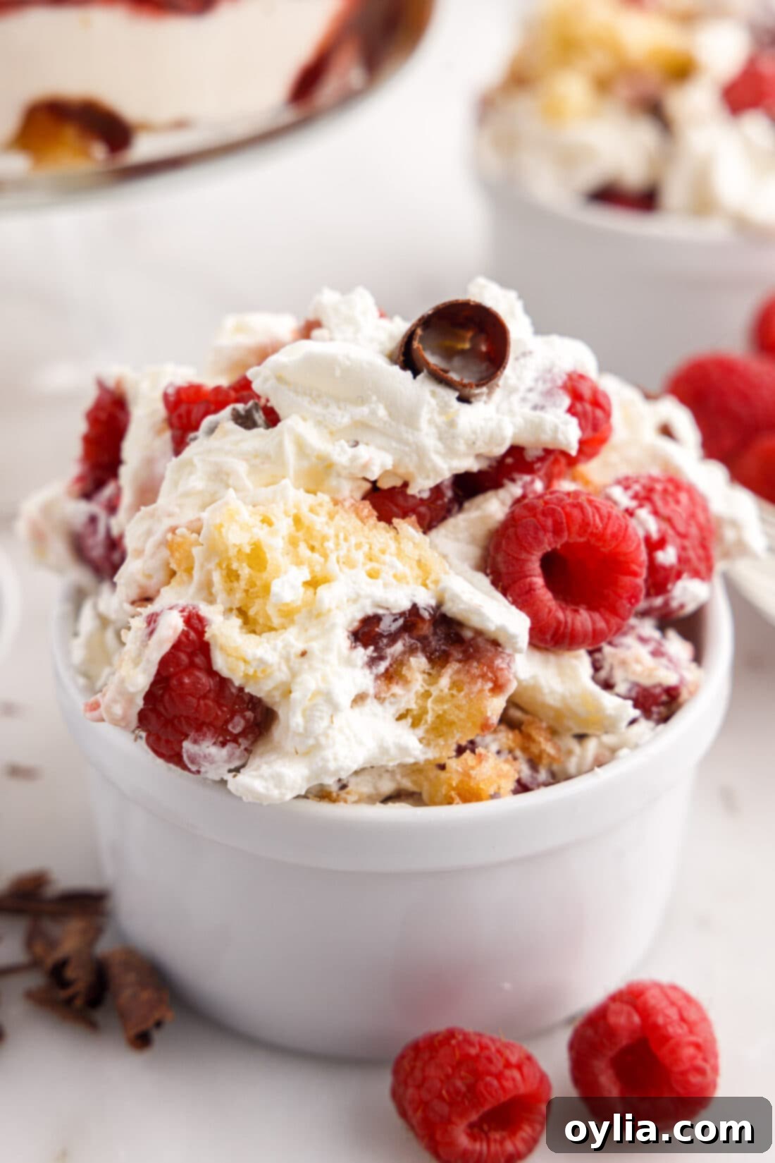 Raspberry Trifle showcasing layers of pound cake, cream, and raspberries