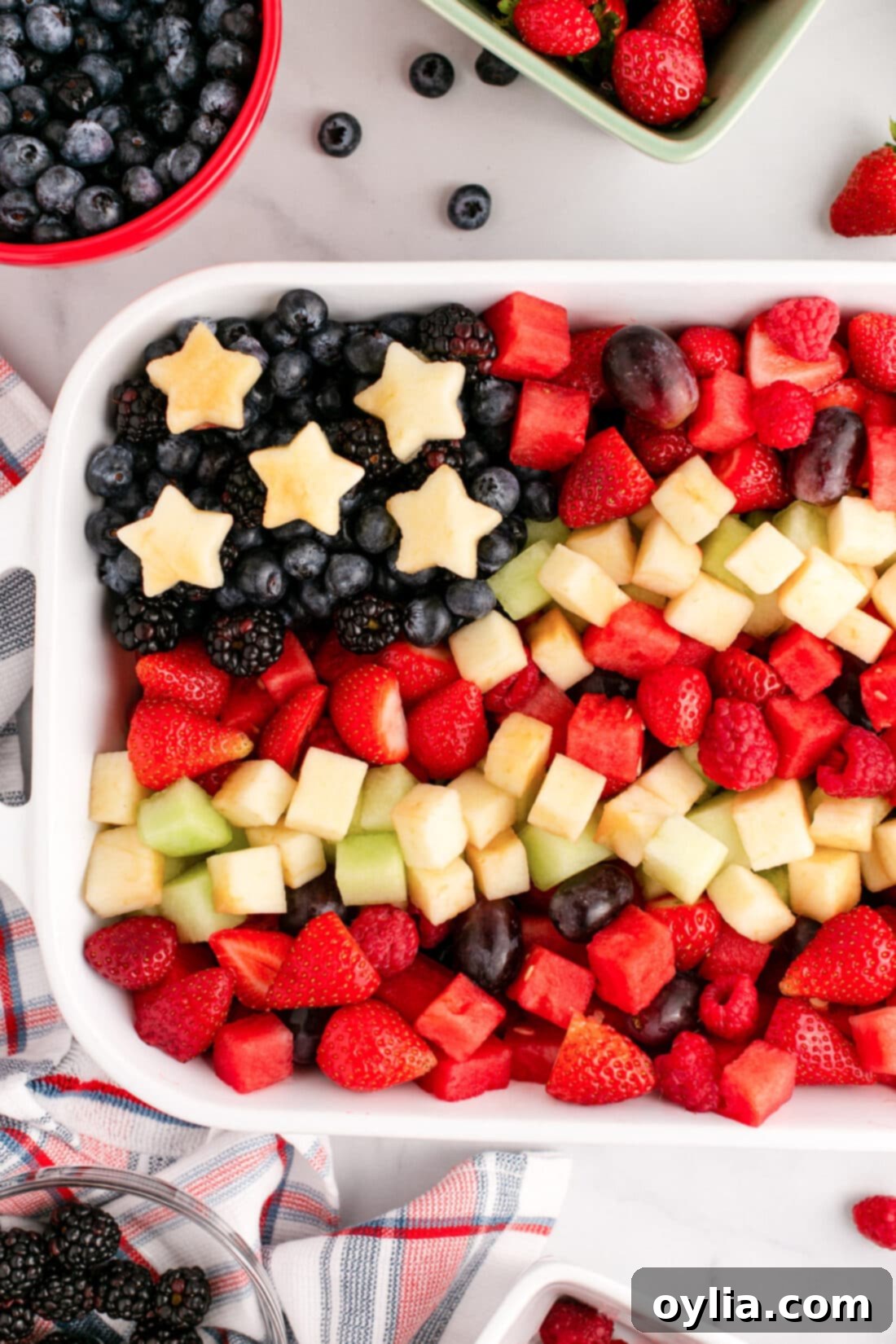 Close up of a Red White & Blue Fruit Salad