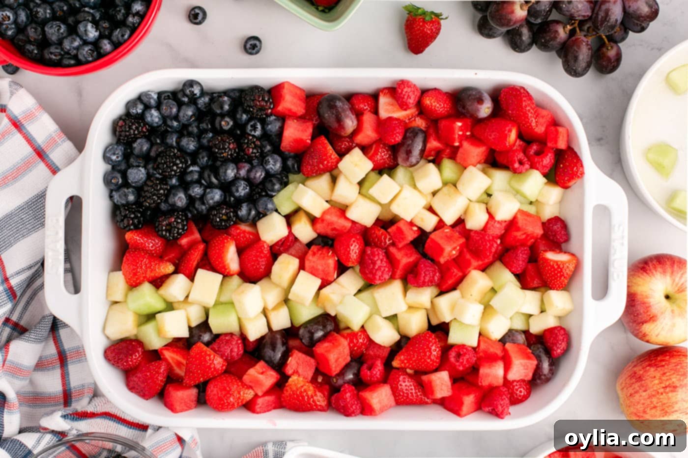 red white and blue fruit salad overhead shot