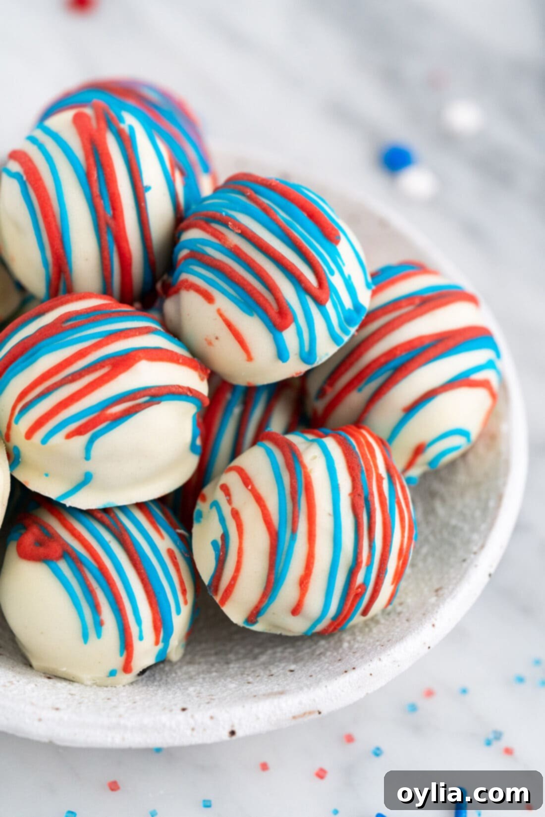 Bowl of Red White and Blue Oreo Truffles