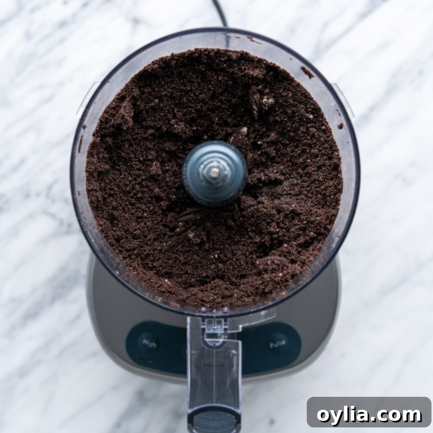 Oreos pulsed into a crumb in a food processor