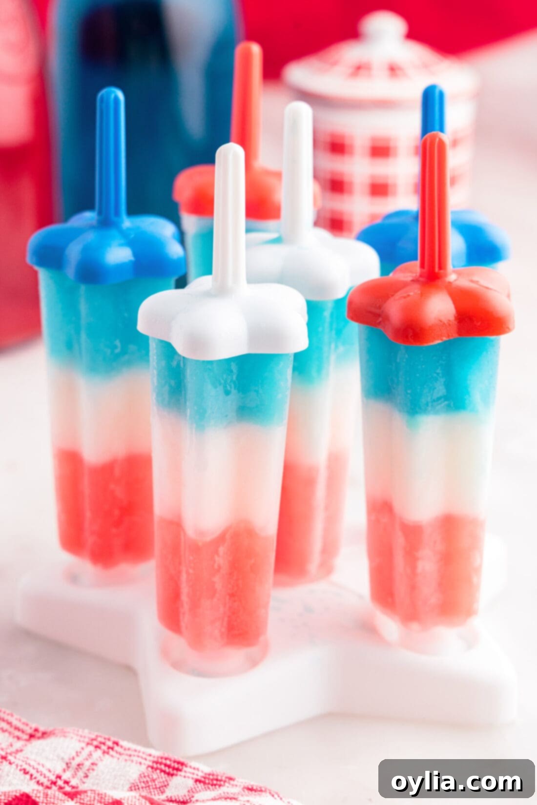 Stars and Stripes Rocket Pops 9 Patriotic Bomb Pops in the popsicle mold, showing the neatly layered red, white, and blue colors before unmolding.