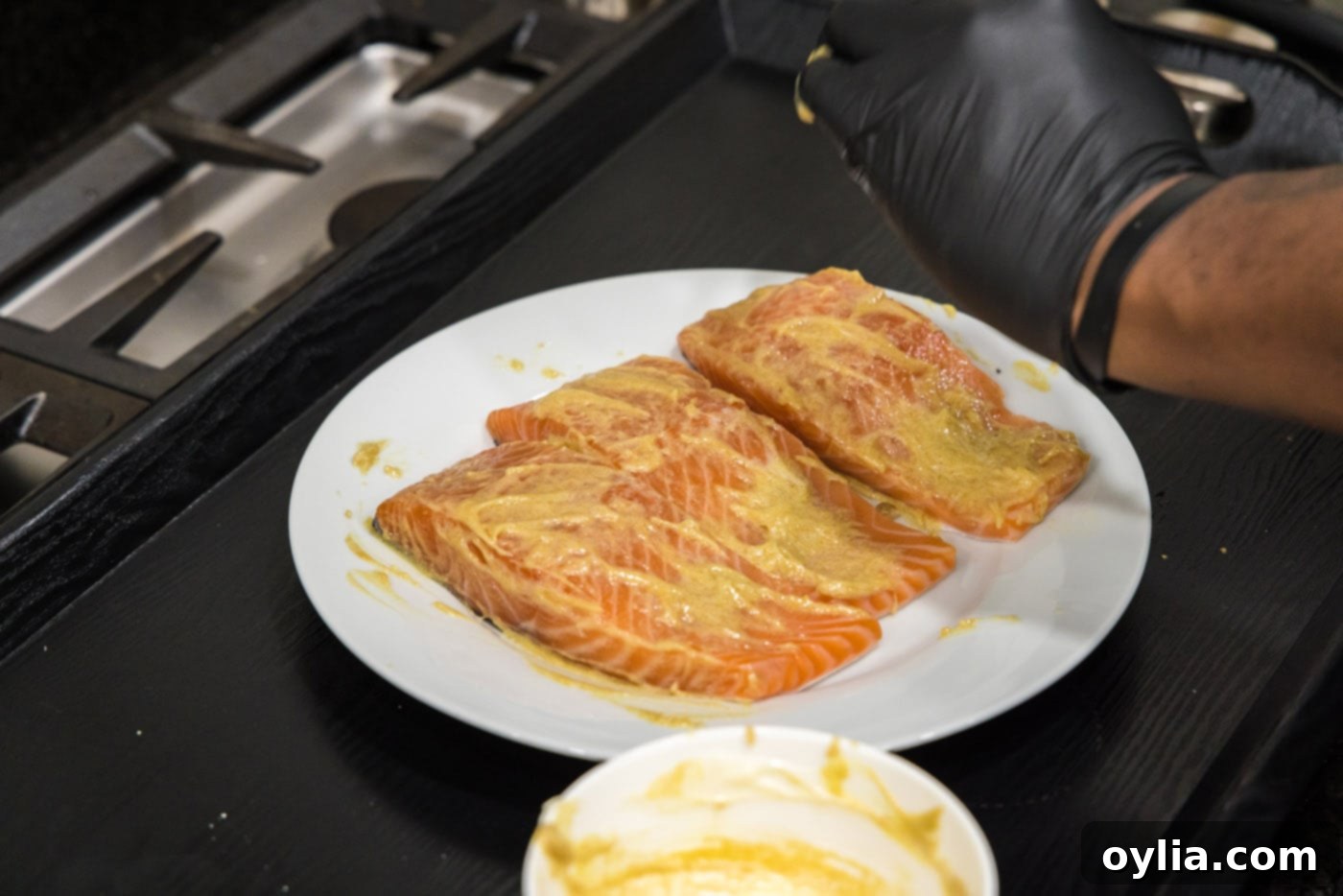 salmon filets with dijon brown sugar mixture on top
