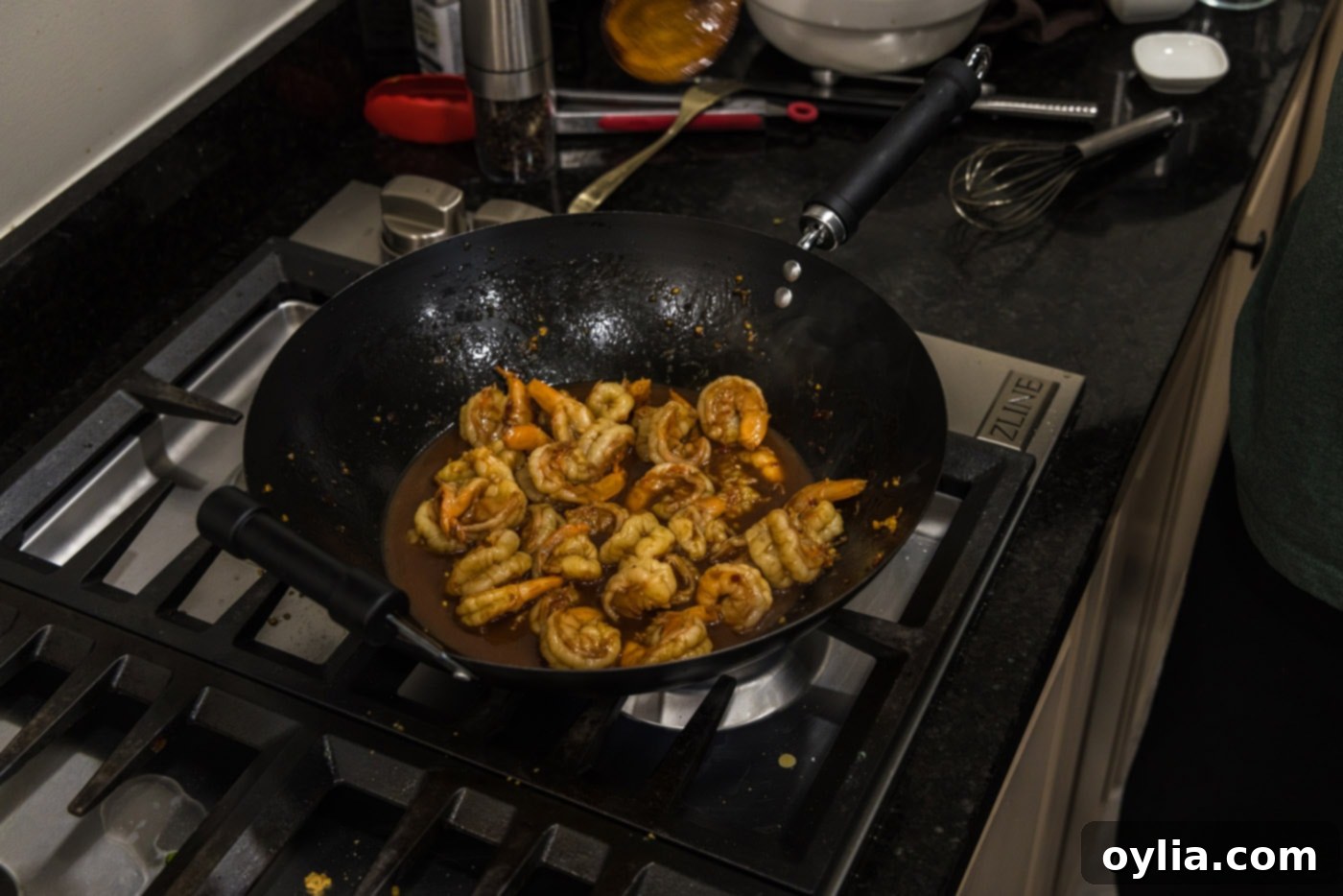 hunan shrimp in a wok