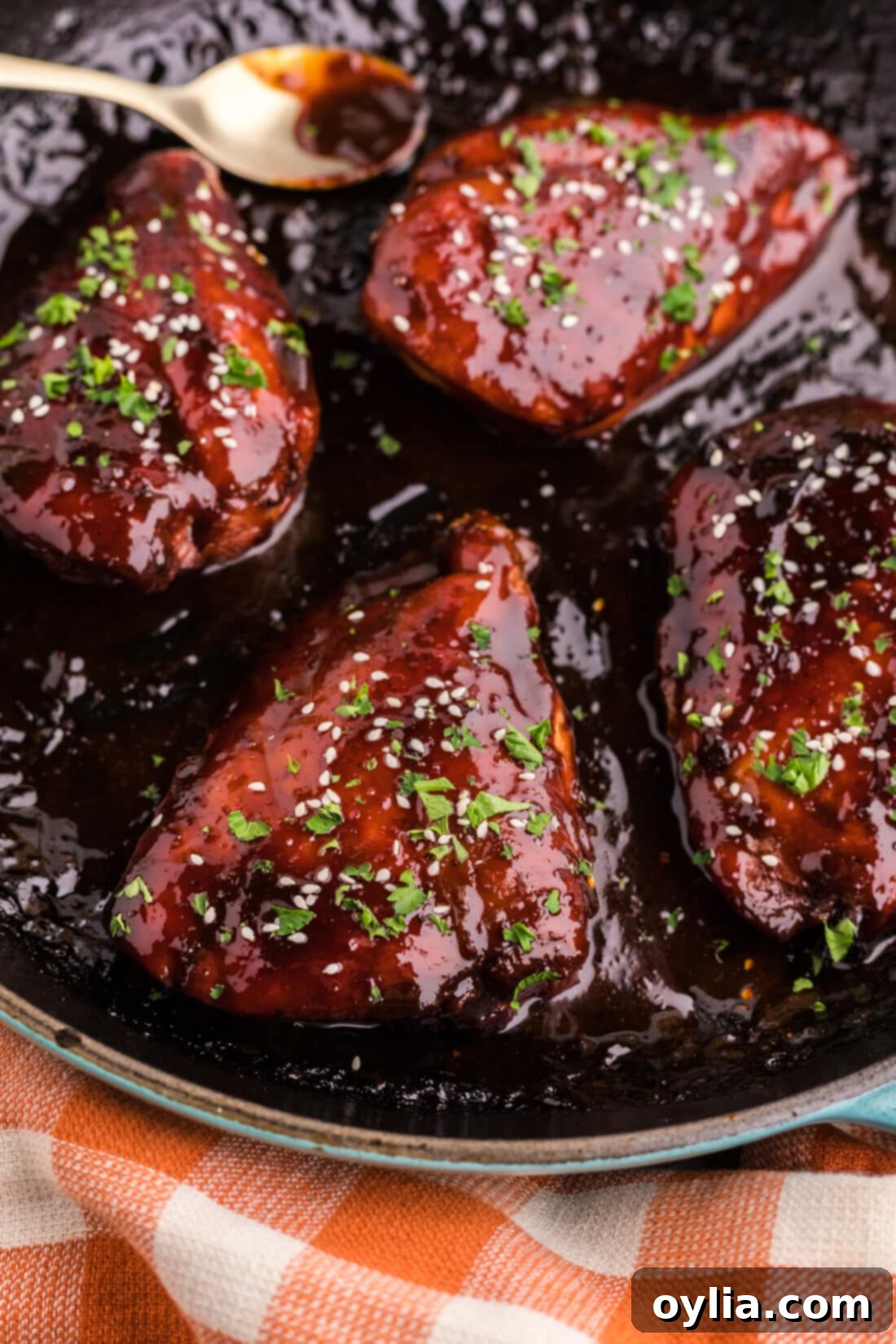 Close up photo of Honey Garlic Chicken Breasts in a skillet