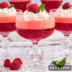Creamy Raspberry Jell-O Parfaits in a glass dish, garnished with a fresh raspberry and mint leaf.