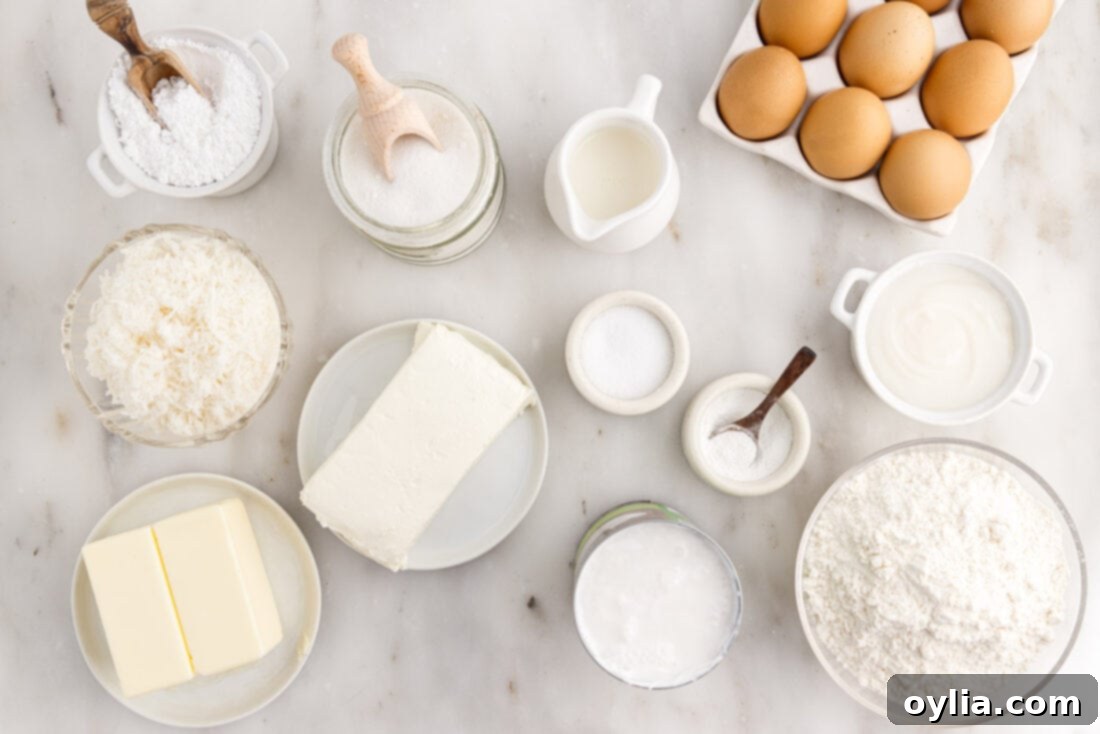 Coconut Cake 4 A curated collection of fresh ingredients laid out, featuring butter, eggs, coconut milk, shredded coconut, and baking essentials, ready for making a delicious coconut cake.