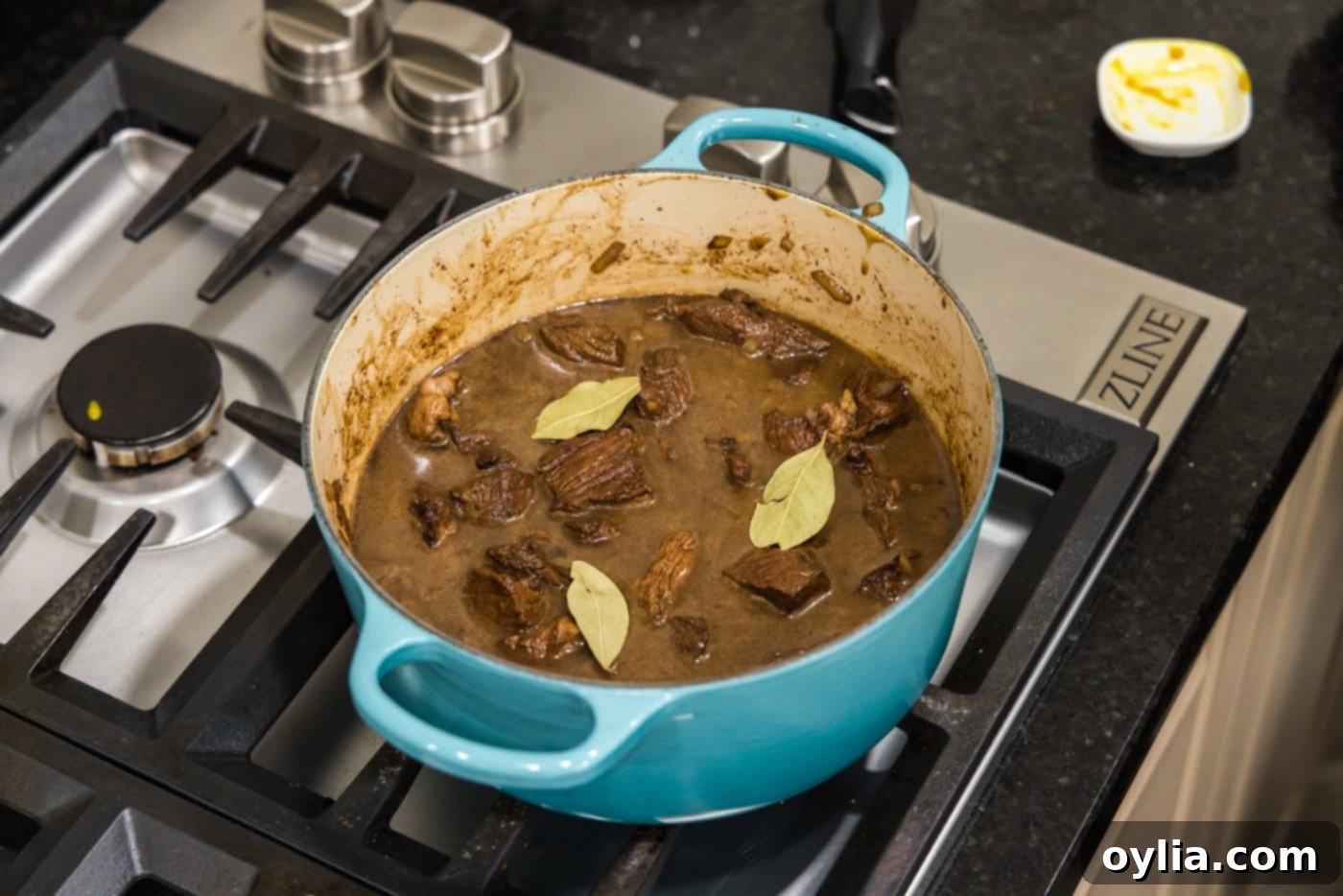 beef tips and gravy simmering gently on the stovetop under a lid