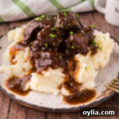 Close up photo of Beef Tips and Gravy served over mashed potatoes, highlighting the rich texture.