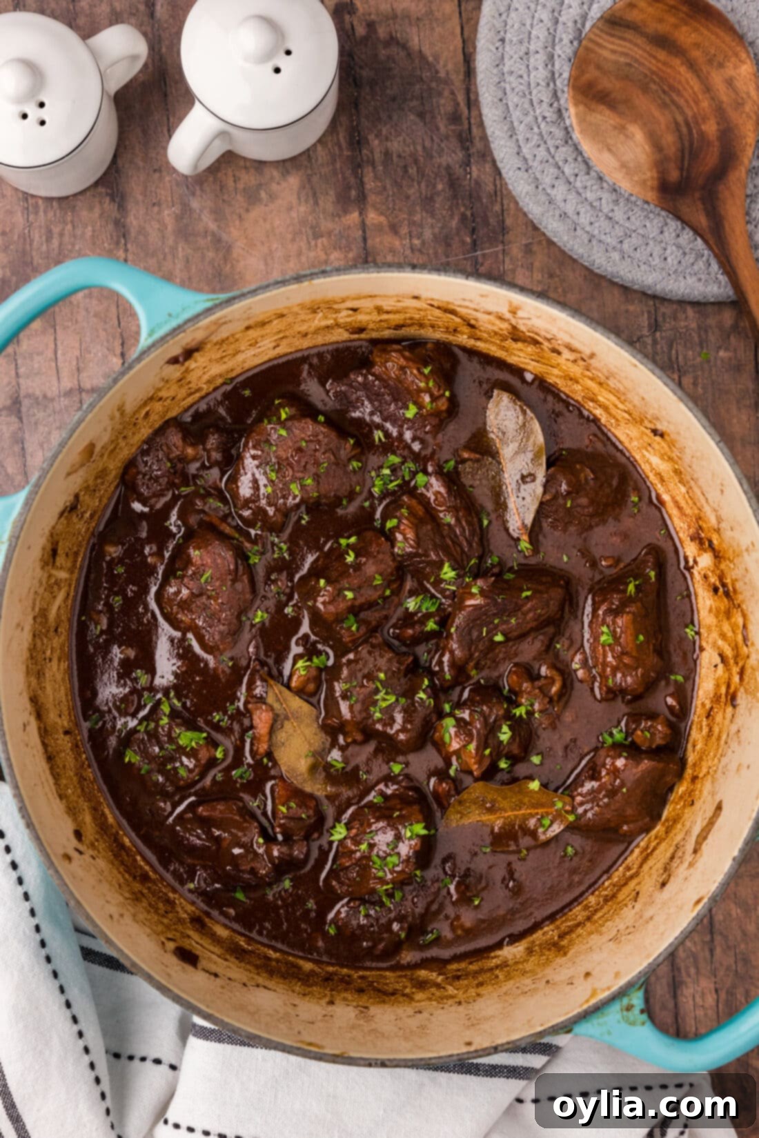 Pot of Beef Tips and Gravy simmering, showing the rich, thick gravy and tender beef chunks.