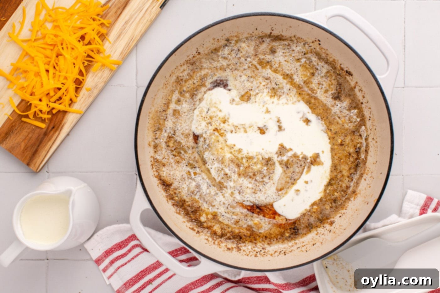 heavy whipping cream added to skillet with butter mixture for the creamy ranch sauce